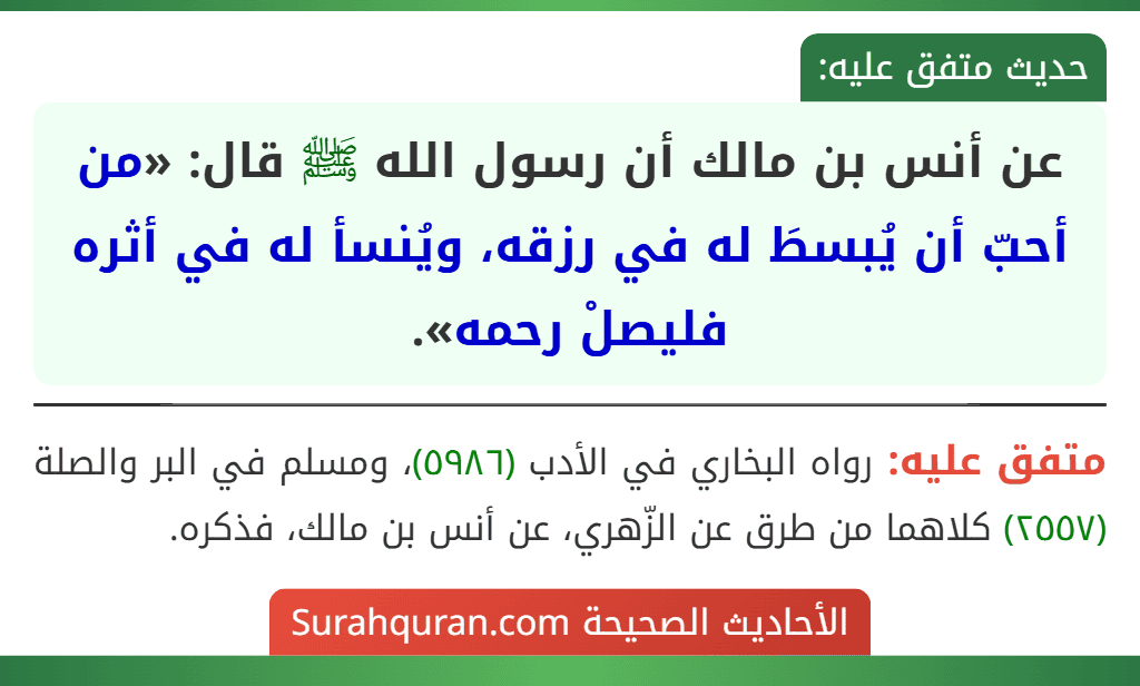 عن أنس بن مالك أن رسول الله ﷺ قال: «من أحبّ أن يُبسطَ له في رزقه، ويُنسأ له في أثره فليصلْ رحمه».
