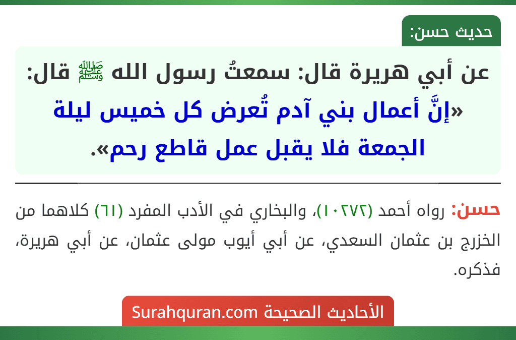عن أبي هريرة قال: سمعتُ رسول الله ﷺ قال: «إنَّ أعمال بني آدم تُعرض كل خميس ليلة الجمعة فلا يقبل عمل قاطع رحم».
