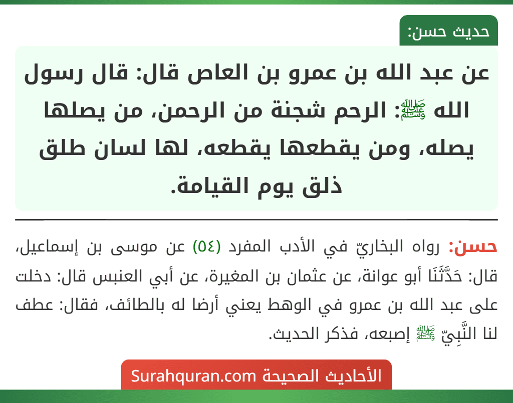 عن عبد الله بن عمرو بن العاص قال: قال رسول الله ﷺ: الرحم شجنة من الرحمن، من يصلها يصله، ومن يقطعها يقطعه، لها لسان طلق ذلق يوم القيامة.