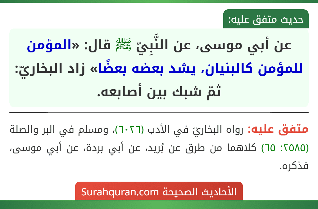 عن أبي موسى، عن النَّبِيّ ﷺ قال: «المؤمن للمؤمن كالبنيان، يشد بعضه بعضًا» زاد البخاريّ: ثمّ شبك بين أصابعه.