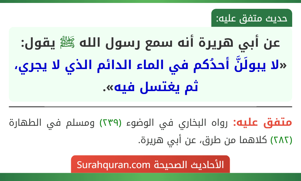 عن أبي هريرة أنه سمع رسول الله ﷺ يقول: «لا يبولَنَّ أحدُكم في الماء الدائم الذي لا يجري، ثم يغتسل فيه».
