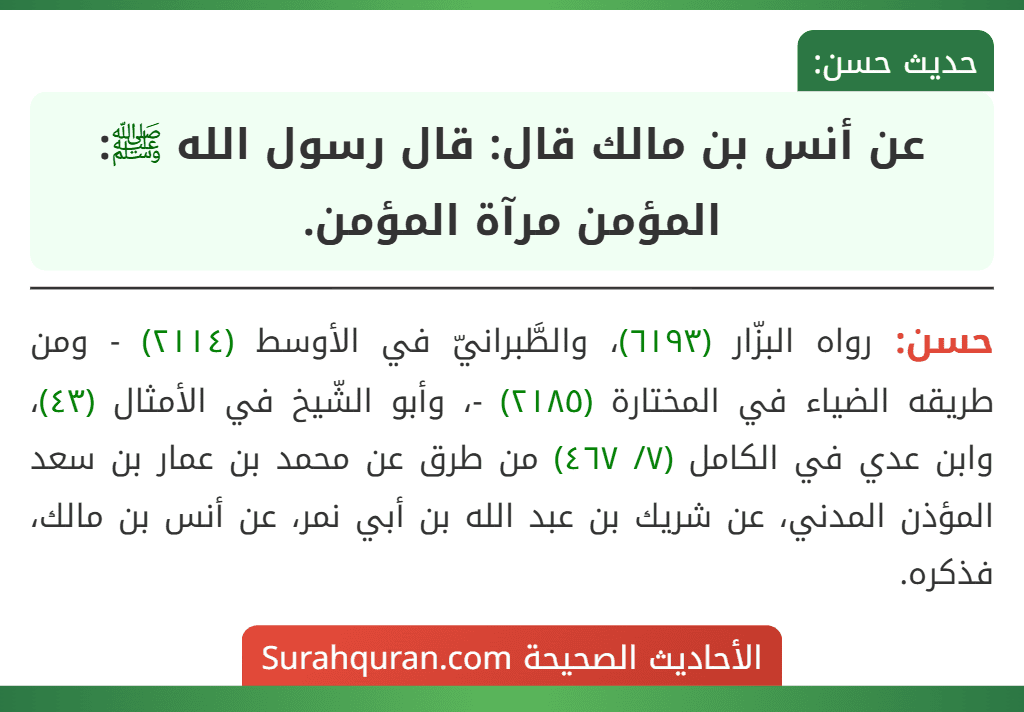 عن أنس بن مالك قال: قال رسول الله ﷺ: المؤمن مرآة المؤمن. عن أنس بن مالك قال: قال رسول الله ﷺ: المؤمن مرآة المؤمن.