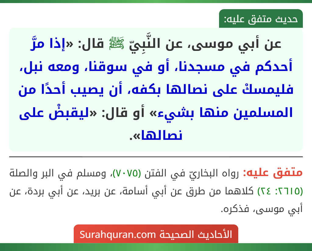 عن أبي موسى، عن النَّبِيّ ﷺ قال: «إذا مرَّ أحدكم في مسجدنا، أو في سوقنا، ومعه نبل، فليمسكْ على نصالها بكفه، أن يصيب أحدًا من المسلمين منها بشيء» أو قال: «ليقبضْ على نصالها».