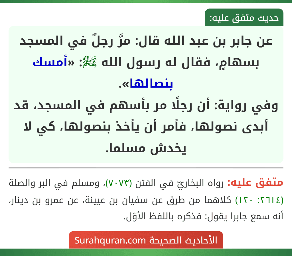 عن جابر بن عبد الله قال: مرَّ رجلٌ في المسجد بسهامٍ، فقال له رسول الله ﷺ: «أمسك بنصالها».
وفي رواية: أن رجلًا مر بأسهم في المسجد، قد أبدى نصولها، فأمر أن يأخذ بنصولها، كي لا يخدش مسلما.