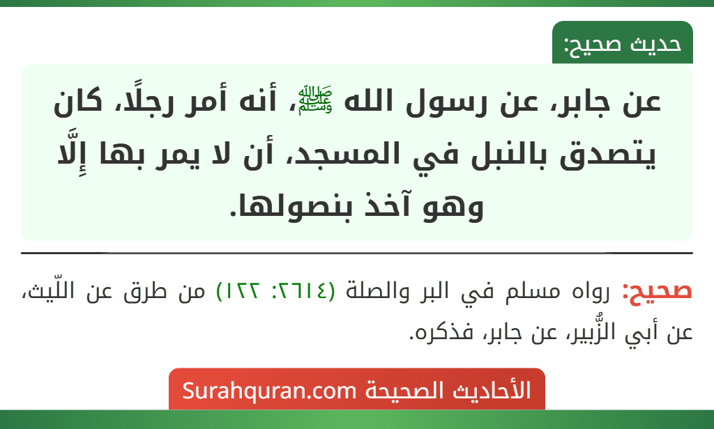 عن جابر، عن رسول الله ﷺ، أنه أمر رجلًا، كان يتصدق بالنبل في المسجد، أن لا يمر بها إِلَّا وهو آخذ بنصولها.