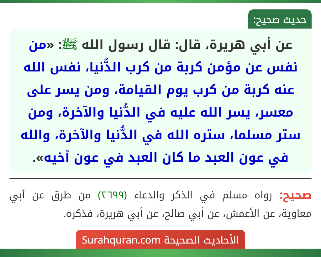 عن أبي هريرة، قال: قال رسول الله ﷺ: «من نفس عن مؤمن كربة من كرب الدُّنيا، نفس الله عنه كربة من كرب يوم القيامة، ومن يسر على معسر، يسر الله عليه في الدُّنيا والآخرة، ومن ستر مسلما، ستره الله في الدُّنيا والآخرة، والله في عون العبد ما كان العبد في عون أخيه».