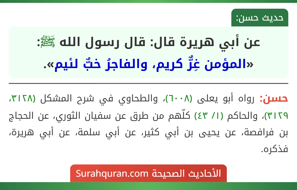 عن أبي هريرة قال: قال رسول الله ﷺ: «المؤمن غِرٌّ كريم، والفاجرُ خبٌّ لئيم».