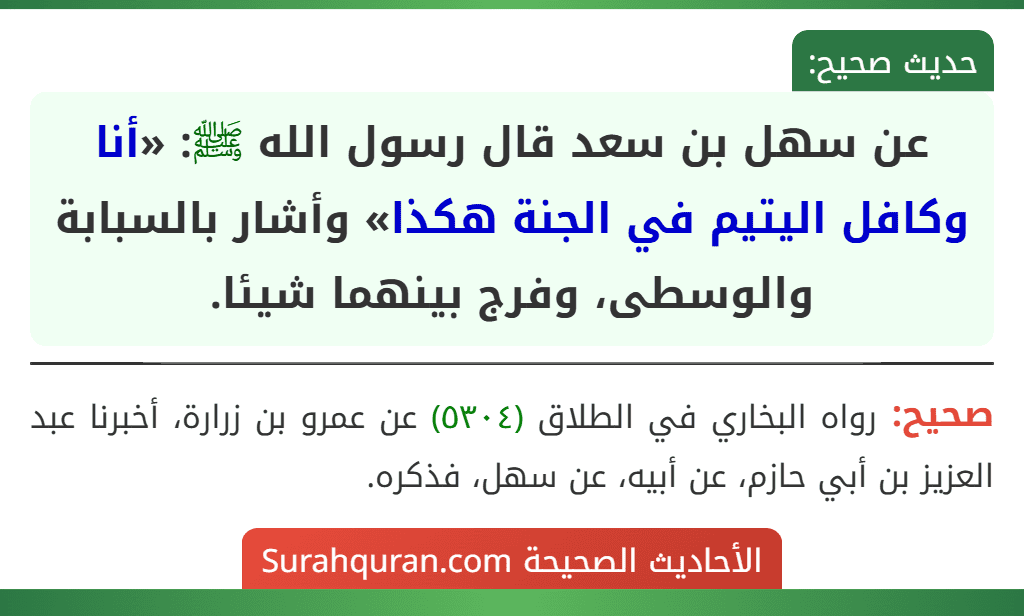 عن سهل بن سعد قال رسول الله ﷺ: «أنا وكافل اليتيم في الجنة هكذا» وأشار بالسبابة والوسطى، وفرج بينهما شيئا.