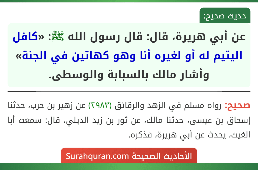 عن أبي هريرة، قال: قال رسول الله ﷺ: «كافل اليتيم له أو لغيره أنا وهو كهاتين في الجنة» وأشار مالك بالسبابة والوسطى.