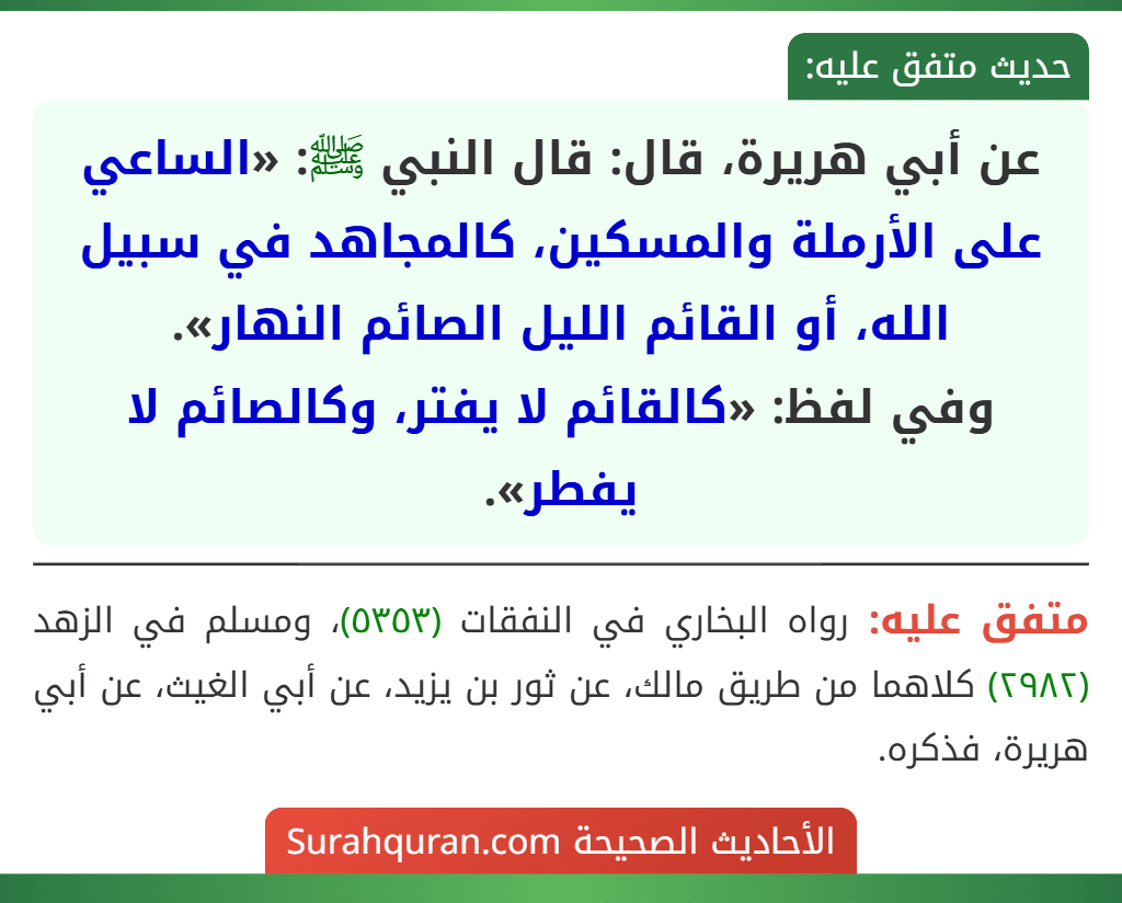 عن أبي هريرة، قال: قال النبي ﷺ: «الساعي على الأرملة والمسكين، كالمجاهد في سبيل الله، أو القائم الليل الصائم النهار».
وفي لفظ: «كالقائم لا يفتر، وكالصائم لا يفطر».