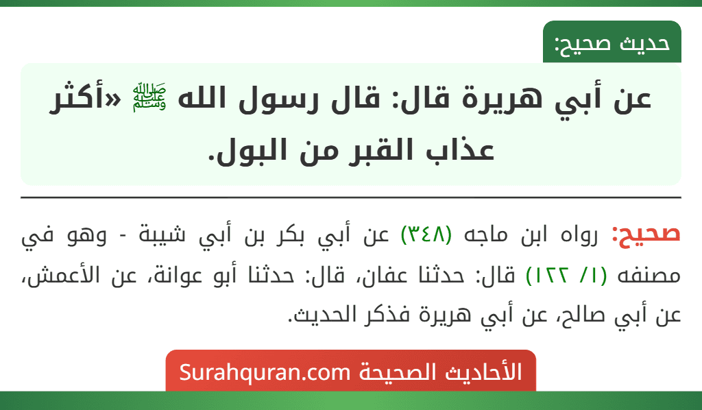 عن أبي هريرة قال: قال رسول الله ﷺ «أكثر عذاب القبر من البول.