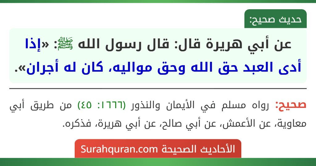 عن أبي هريرة قال: قال رسول الله ﷺ: «إذا أدى العبد حق الله وحق مواليه، كان له أجران».