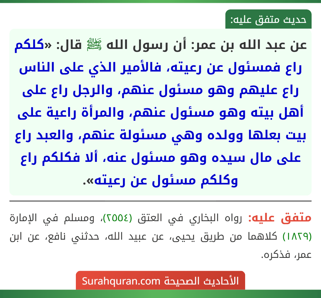 عن عبد الله بن عمر: أن رسول الله ﷺ قال: «كلكم راع فمسئول عن رعيته، فالأمير الذي على الناس راع عليهم وهو مسئول عنهم، والرجل راع على أهل بيته وهو مسئول عنهم، والمرأة راعية على بيت بعلها وولده وهي مسئولة عنهم، والعبد راع على مال سيده وهو مسئول عنه، ألا فكلكم راع وكلكم مسئول عن رعيته».