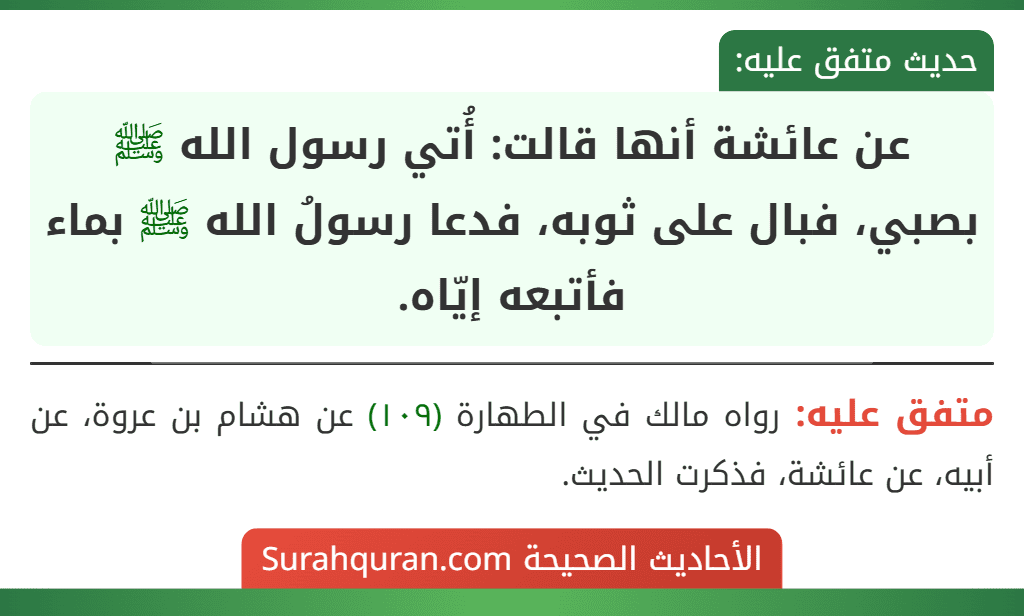 عن عائشة أنها قالت: أُتي رسول الله ﷺ بصبي، فبال على ثوبه، فدعا رسولُ الله ﷺ بماء فأتبعه إيّاه.