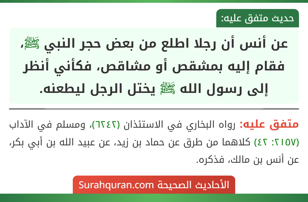 عن أنس أن رجلا اطلع من بعض حجر النبي ﷺ، فقام إليه بمشقص أو مشاقص، فكأني أنظر إلى رسول الله ﷺ يختل الرجل ليطعنه. عن أنس أن رجلا اطلع من بعض حجر النبي ﷺ، فقام إليه بمشقص أو مشاقص، فكأني أنظر إلى رسول الله ﷺ يختل الرجل ليطعنه.