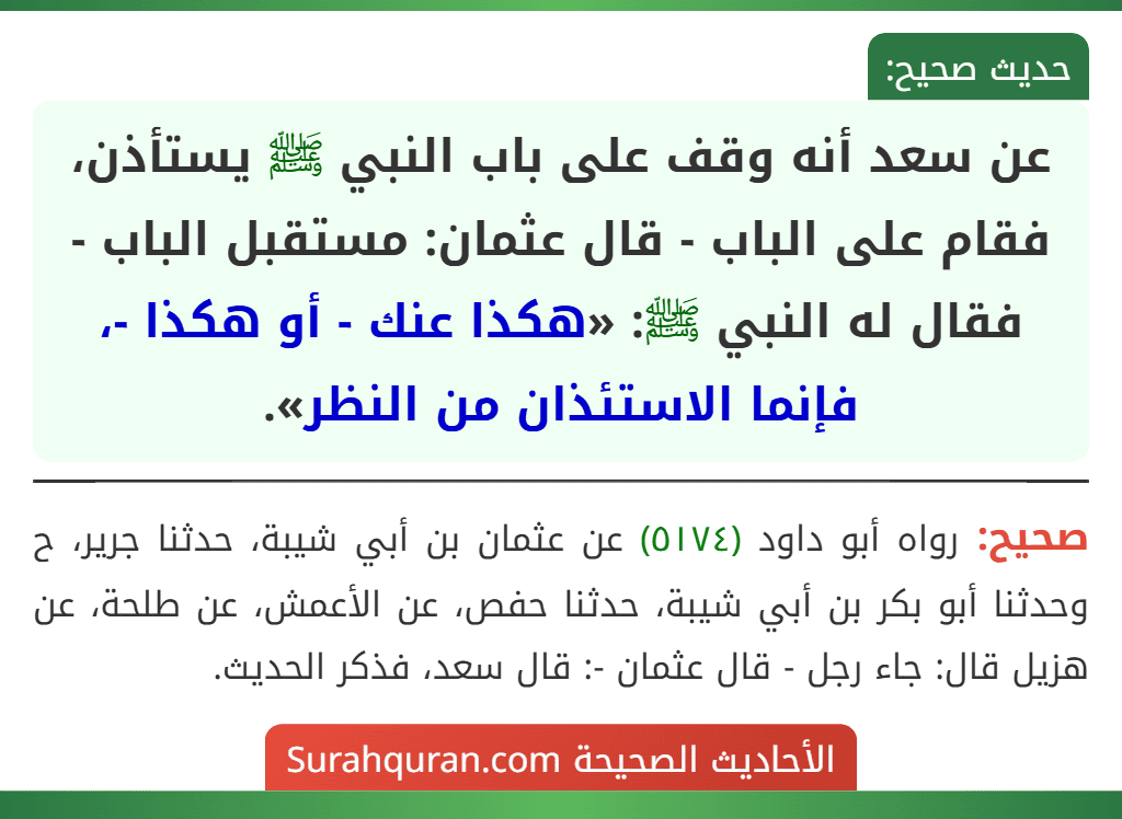 عن سعد أنه وقف على باب النبي ﷺ يستأذن، فقام على الباب - قال عثمان: مستقبل الباب - فقال له النبي ﷺ: «هكذا عنك - أو هكذا -، فإنما الاستئذان من النظر».
