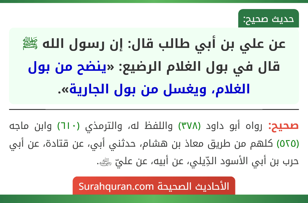 عن علي بن أبي طالب قال: إن رسول الله ﷺ قال في بول الغلام الرضيع: «ينضح من بول الغلام، ويغسل من بول الجارية».
