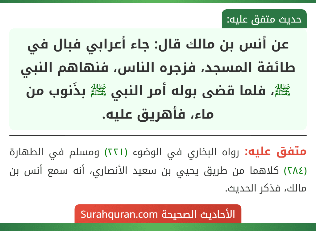 عن أنس بن مالك قال: جاء أعرابي فبال في طائفة المسجد، فزجره الناس، فنهاهم النبي ﷺ، فلما قضى بوله أمر النبي ﷺ بذَنوب من ماء، فأهريق عليه.