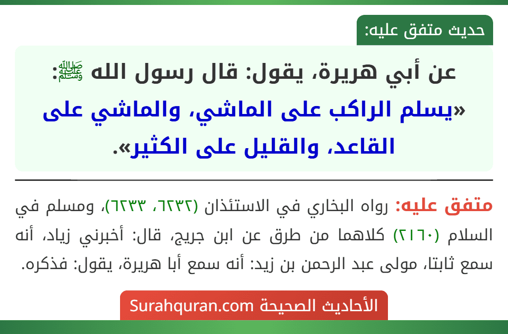 عن أبي هريرة، يقول: قال رسول الله ﷺ: «يسلم الراكب على الماشي، والماشي على القاعد، والقليل على الكثير». عن أبي هريرة، يقول: قال رسول الله ﷺ: «يسلم الراكب على الماشي، والماشي على القاعد، والقليل على الكثير».