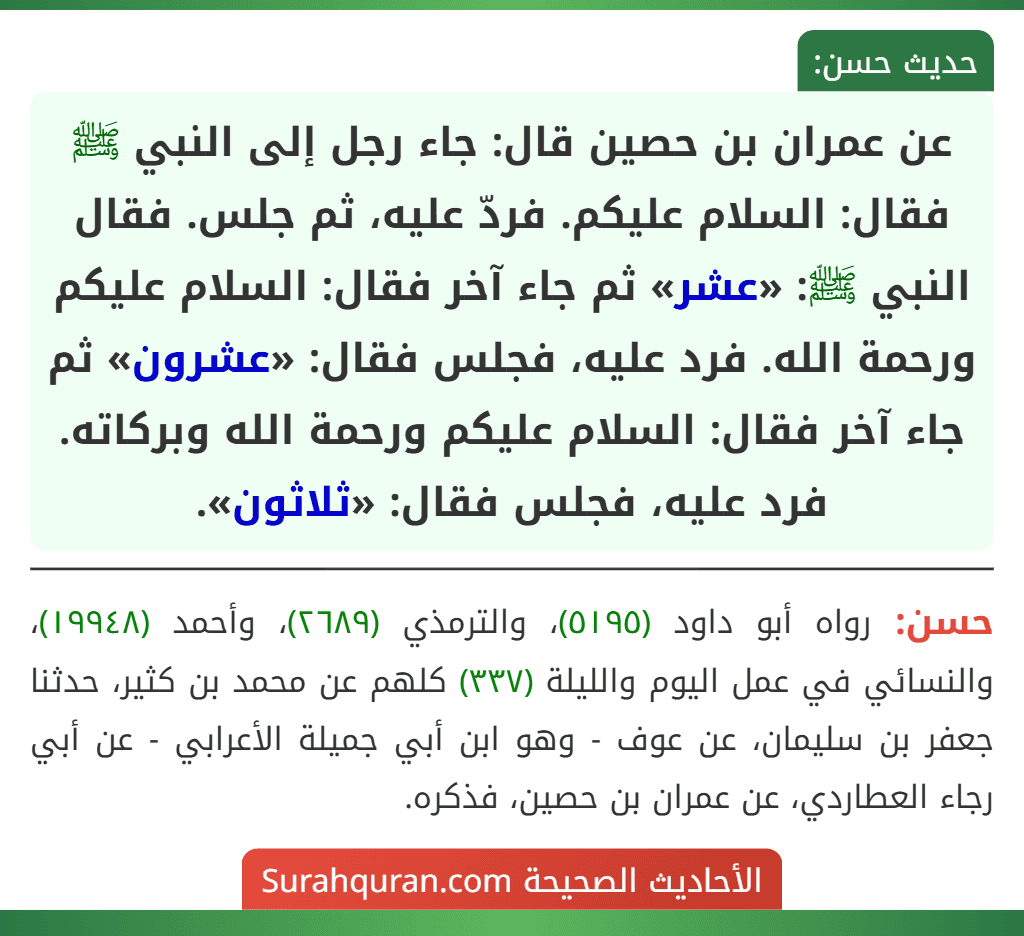 عن عمران بن حصين قال: جاء رجل إلى النبي ﷺ فقال: السلام عليكم. فردّ عليه، ثم جلس. فقال النبي ﷺ: «عشر» ثم جاء آخر فقال: السلام عليكم ورحمة الله. فرد عليه، فجلس فقال: «عشرون» ثم جاء آخر فقال: السلام عليكم ورحمة الله وبركاته. فرد عليه، فجلس فقال: «ثلاثون».
