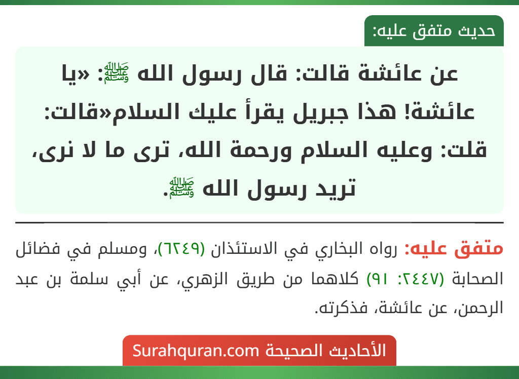 عن عائشة قالت: قال رسول الله ﷺ: «يا عائشة! هذا جبريل يقرأ عليك السلام«قالت: قلت: وعليه السلام ورحمة الله، ترى ما لا نرى، تريد رسول الله ﷺ.
