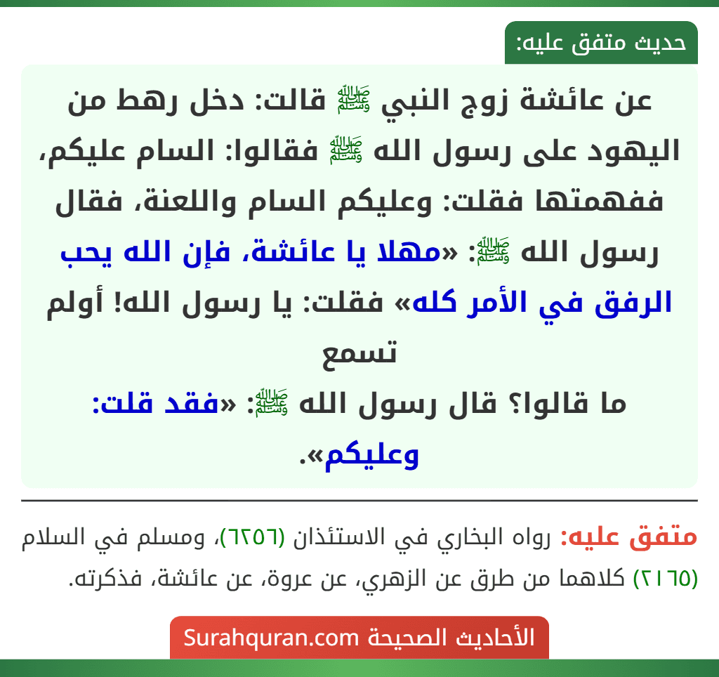 عن عائشة زوج النبي ﷺ قالت: دخل رهط من اليهود على رسول الله ﷺ فقالوا: السام عليكم، ففهمتها فقلت: وعليكم السام واللعنة، فقال رسول الله ﷺ: «مهلا يا عائشة، فإن الله يحب الرفق في الأمر كله» فقلت: يا رسول الله! أولم تسمع
ما قالوا؟ قال رسول الله ﷺ: «فقد قلت: وعليكم».