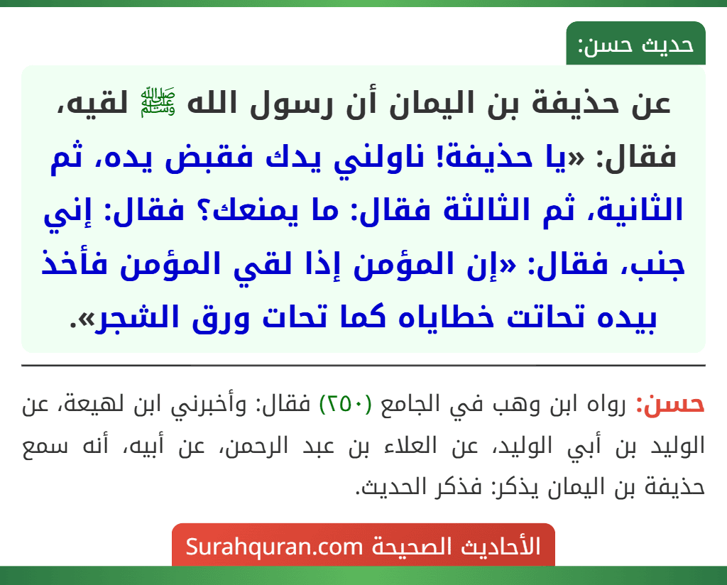 عن حذيفة بن اليمان أن رسول الله ﷺ لقيه، فقال: «يا حذيفة! ناولني يدك فقبض يده، ثم الثانية، ثم الثالثة فقال: ما يمنعك؟ فقال: إني جنب، فقال: «إن المؤمن إذا لقي المؤمن فأخذ بيده تحاتت خطاياه كما تحات ورق الشجر».