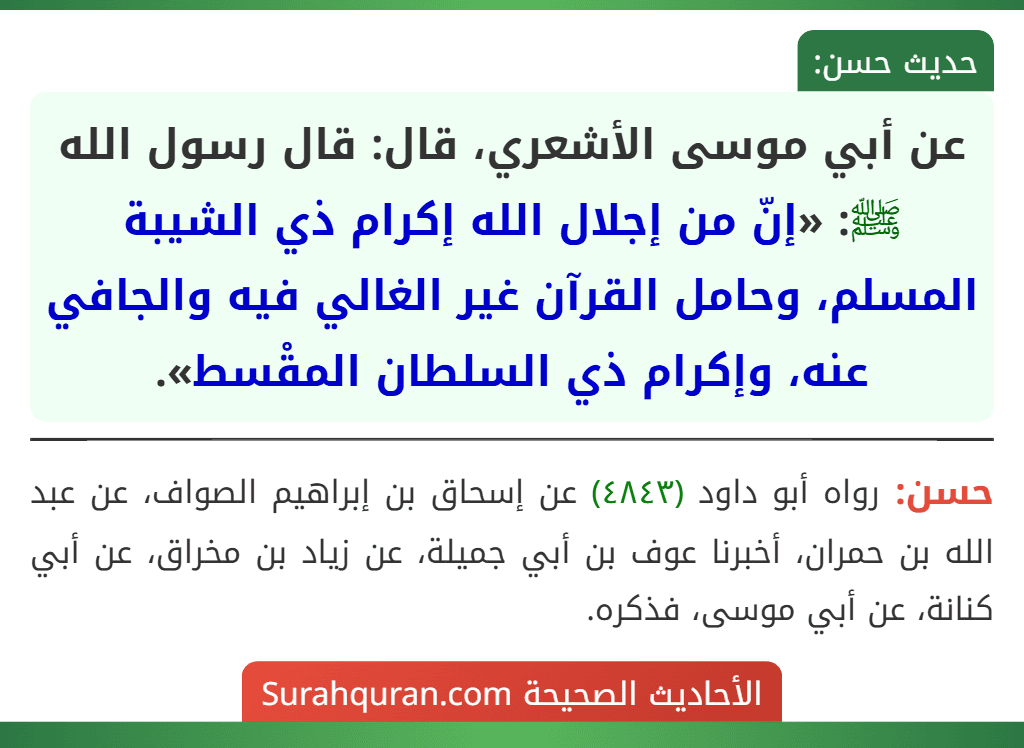 عن أبي موسى الأشعري، قال: قال رسول الله ﷺ: «إنّ من إجلال الله إكرام ذي الشيبة المسلم، وحامل القرآن غير الغالي فيه والجافي عنه، وإكرام ذي السلطان المقْسط».