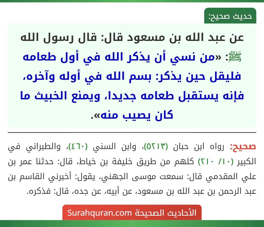 عن عبد الله بن مسعود قال: قال رسول الله ﷺ: «من نسي أن يذكر الله في أول طعامه فليقل حين يذكر: بسم الله في أوله وآخره، فإنه يستقبل طعامه جديدا، ويمنع الخبيث ما كان يصيب منه».