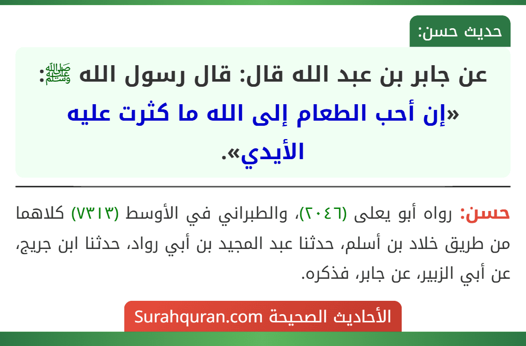 عن جابر بن عبد الله قال: قال رسول الله ﷺ: «إن أحب الطعام إلى الله ما كثرت عليه الأيدي».