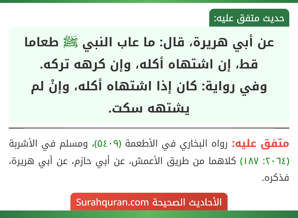عن أبي هريرة، قال: ما عاب النبي ﷺ طعاما قط، إن اشتهاه أكله، وإن كرهه تركه.
وفي رواية: كان إذا اشتهاه أكله، وإنْ لم يشتهه سكت.