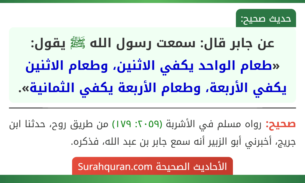 عن جابر قال: سمعت رسول الله ﷺ يقول: «طعام الواحد يكفي الاثنين، وطعام الاثنين يكفي الأربعة، وطعام الأربعة يكفي الثمانية».
