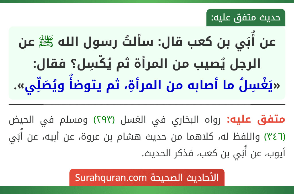 عن أُبَي بن كعب قال: سألتُ رسول الله ﷺ عن الرجل يُصيب من المرأة ثم يُكْسِل؟ فقال: «يَغْسِلُ ما أصابه من المرأةِ، ثم يتوضأُ ويُصَلِّي».