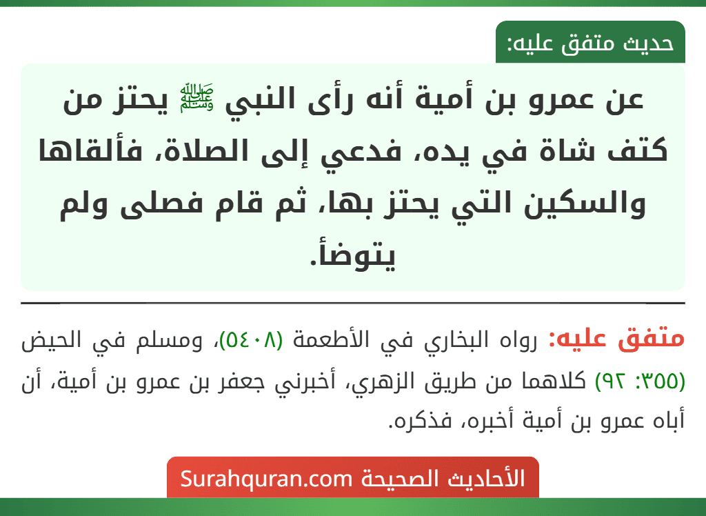 عن عمرو بن أمية أنه رأى النبي ﷺ يحتز من كتف شاة في يده، فدعي إلى الصلاة، فألقاها والسكين التي يحتز بها، ثم قام فصلى ولم يتوضأ.