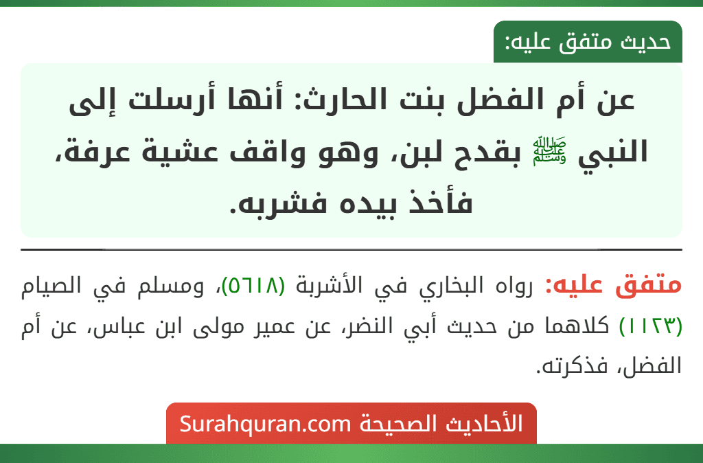 عن أم الفضل بنت الحارث: أنها أرسلت إلى النبي ﷺ بقدح لبن، وهو واقف عشية عرفة، فأخذ بيده فشربه.