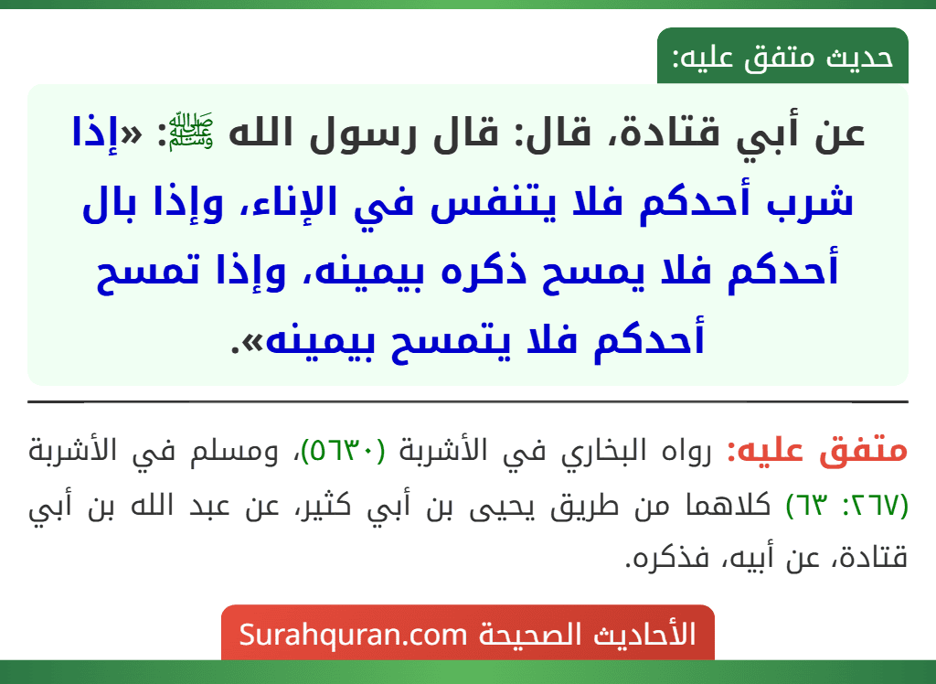 عن أبي قتادة، قال: قال رسول الله ﷺ: «إذا شرب أحدكم فلا يتنفس في الإناء، وإذا بال أحدكم فلا يمسح ذكره بيمينه، وإذا تمسح أحدكم فلا يتمسح بيمينه».