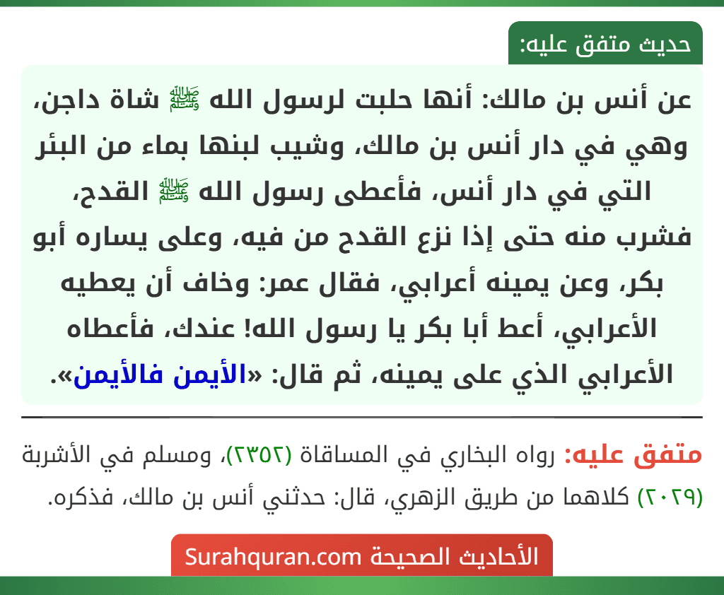 عن أنس بن مالك: أنها حلبت لرسول الله ﷺ شاة داجن، وهي في دار أنس بن مالك، وشيب لبنها بماء من البئر التي في دار أنس، فأعطى رسول الله ﷺ القدح، فشرب منه حتى إذا نزع القدح من فيه، وعلى يساره أبو بكر، وعن يمينه أعرابي، فقال عمر: وخاف أن يعطيه الأعرابي، أعط أبا بكر يا رسول الله! عندك، فأعطاه الأعرابي الذي على يمينه، ثم قال: «الأيمن فالأيمن».