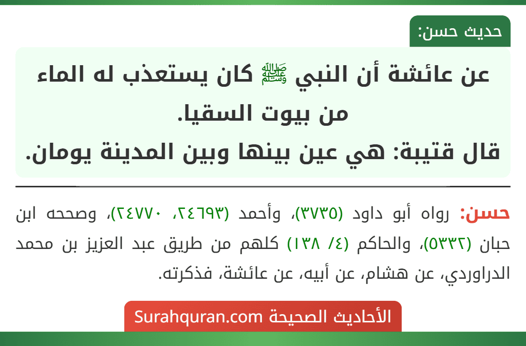 عن عائشة أن النبي ﷺ كان يستعذب له الماء من بيوت السقيا.
قال قتيبة: هي عين بينها وبين المدينة يومان.
