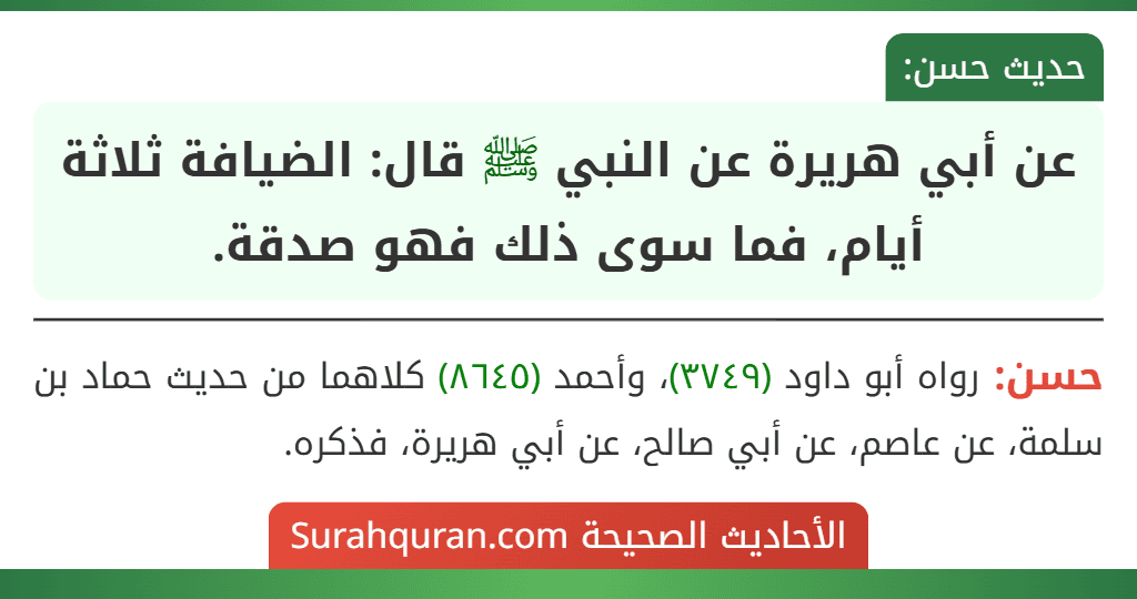 عن أبي هريرة عن النبي ﷺ قال: الضيافة ثلاثة أيام، فما سوى ذلك فهو صدقة.