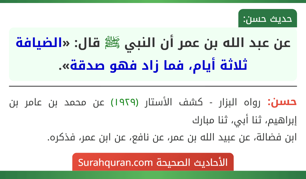 عن عبد الله بن عمر أن النبي ﷺ قال: «الضيافة ثلاثة أيام، فما زاد فهو صدقة».