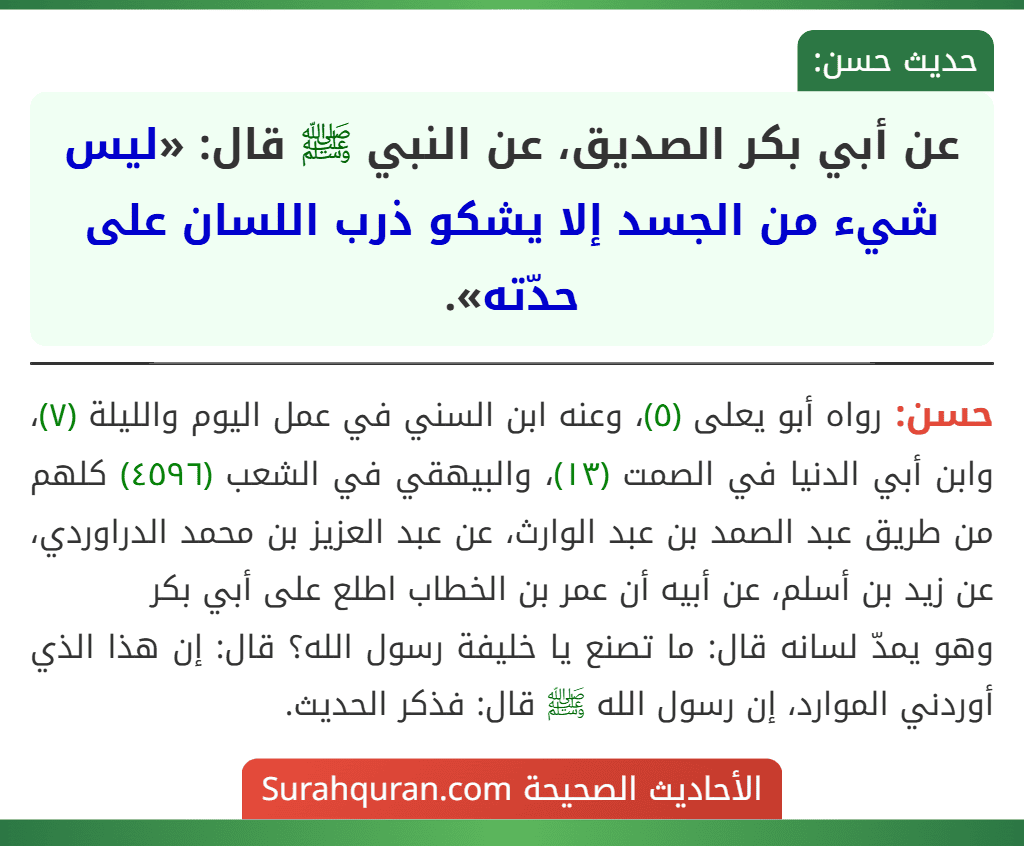 عن أبي بكر الصديق، عن النبي ﷺ قال: «ليس شيء من الجسد إلا يشكو ذرب اللسان على حدّته».