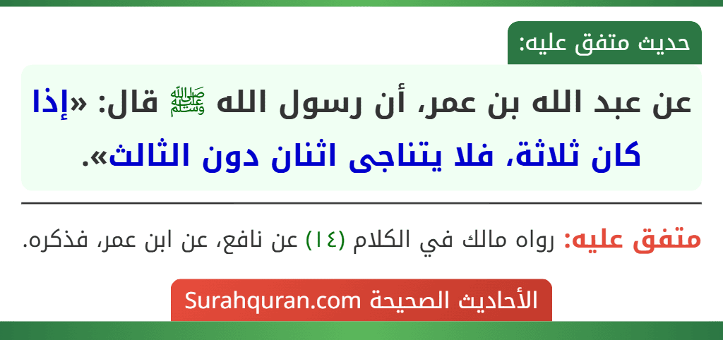 عن عبد الله بن عمر، أن رسول الله ﷺ قال: «إذا كان ثلاثة، فلا يتناجى اثنان دون الثالث».