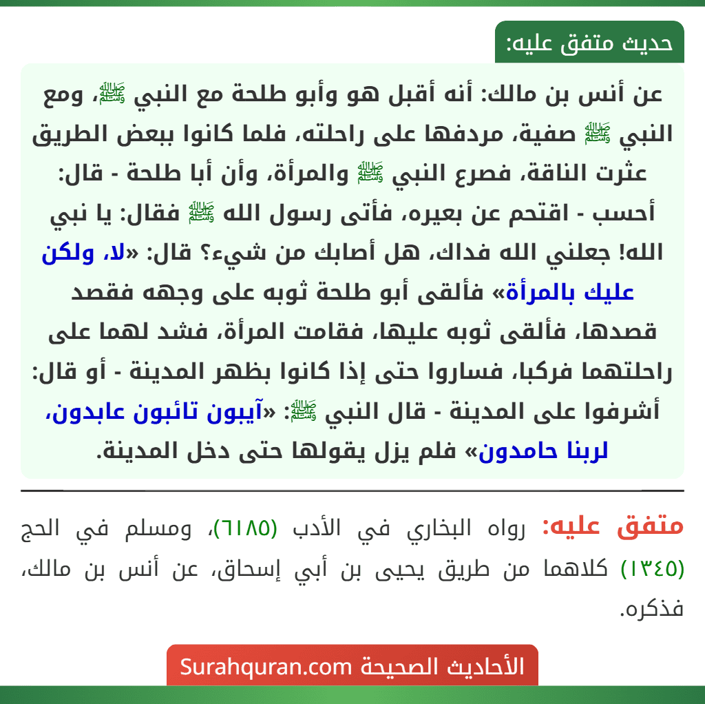 عن أنس بن مالك: أنه أقبل هو وأبو طلحة مع النبي ﷺ، ومع النبي ﷺ صفية، مردفها على راحلته، فلما كانوا ببعض الطريق عثرت الناقة، فصرع النبي ﷺ والمرأة، وأن أبا طلحة - قال: أحسب - اقتحم عن بعيره، فأتى رسول الله ﷺ فقال: يا نبي الله! جعلني الله فداك، هل أصابك من شيء؟ قال: «لا، ولكن عليك بالمرأة» فألقى أبو طلحة ثوبه على وجهه فقصد قصدها، فألقى ثوبه عليها، فقامت المرأة، فشد لهما على راحلتهما فركبا، فساروا حتى إذا كانوا بظهر المدينة - أو قال: أشرفوا على المدينة - قال النبي ﷺ: «آيبون تائبون عابدون، لربنا حامدون» فلم يزل يقولها حتى دخل المدينة.