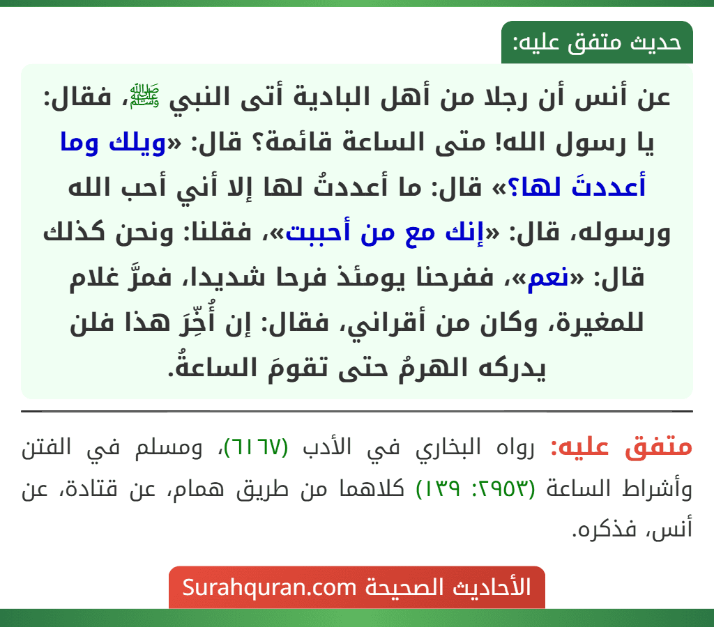 عن أنس أن رجلا من أهل البادية أتى النبي ﷺ، فقال: يا رسول الله! متى الساعة قائمة؟ قال: «ويلك وما أعددتَ لها؟» قال: ما أعددتُ لها إلا أني أحب الله ورسوله، قال: «إنك مع من أحببت»، فقلنا: ونحن كذلك قال: «نعم»، ففرحنا يومئذ فرحا شديدا، فمرَّ غلام للمغيرة، وكان من أقراني، فقال: إن أُخِّرَ هذا فلن يدركه الهرمُ حتى تقومَ الساعةُ. عن أنس أن رجلا من أهل البادية أتى النبي ﷺ، فقال: يا رسول الله! متى الساعة قائمة؟ قال: «ويلك وما أعددتَ لها؟» قال: ما أعددتُ لها إلا أني أحب الله ورسوله، قال: «إنك مع من أحببت»، فقلنا: ونحن كذلك قال: «نعم»، ففرحنا يومئذ فرحا شديدا، فمرَّ غلام للمغيرة، وكان من أقراني، فقال: إن أُخِّرَ هذا فلن يدركه الهرمُ حتى تقومَ الساعةُ.