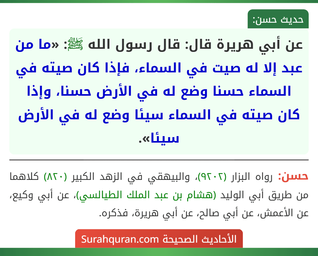 عن أبي هريرة قال: قال رسول الله ﷺ: «ما من عبد إلا له صيت في السماء، فإذا كان صيته في السماء حسنا وضع له في الأرض حسنا، وإذا كان صيته في السماء سيئا وضع له في الأرض سيئا».