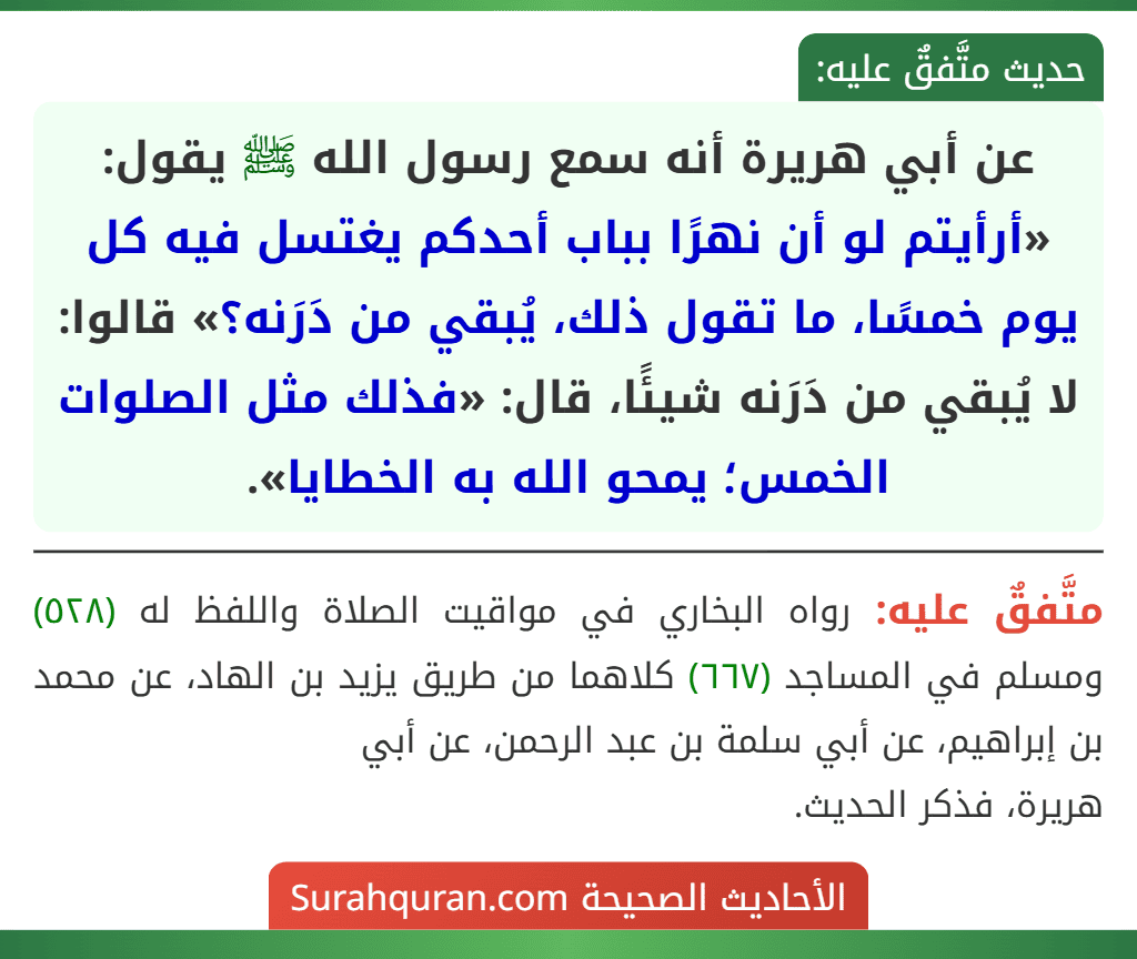 عن أبي هريرة أنه سمع رسول الله ﷺ يقول: «أرأيتم لو أن نهرًا بباب أحدكم يغتسل فيه كل يوم خمسًا، ما تقول ذلك، يُبقي من دَرَنه؟» قالوا: لا يُبقي من دَرَنه شيئًا، قال: «فذلك مثل الصلوات الخمس؛ يمحو الله به الخطايا».