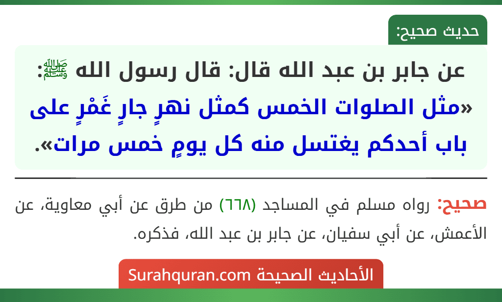 عن جابر بن عبد الله قال: قال رسول الله ﷺ: «مثل الصلوات الخمس كمثل نهرٍ جارٍ غَمْرٍ على باب أحدكم يغتسل منه كل يومٍ خمس مرات».