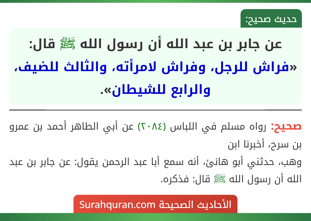 عن جابر بن عبد الله أن رسول الله ﷺ قال: «فراش للرجل، وفراش لامرأته، والثالث للضيف، والرابع للشيطان».