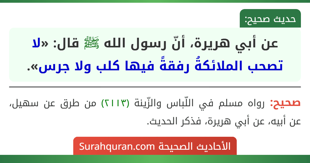 عن أبي هريرة، أنّ رسول الله ﷺ قال: «لا تصحب الملائكةُ رفقةً فيها كلب ولا جرس».
