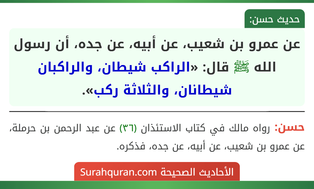 عن عمرو بن شعيب، عن أبيه، عن جده، أن رسول الله ﷺ قال: «الراكب شيطان، والراكبان شيطانان، والثلاثة ركب».